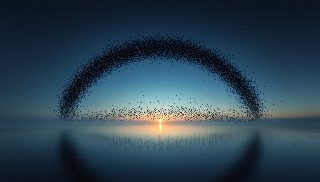 A flock of starlings forming a rising arc over calm water at dawn.