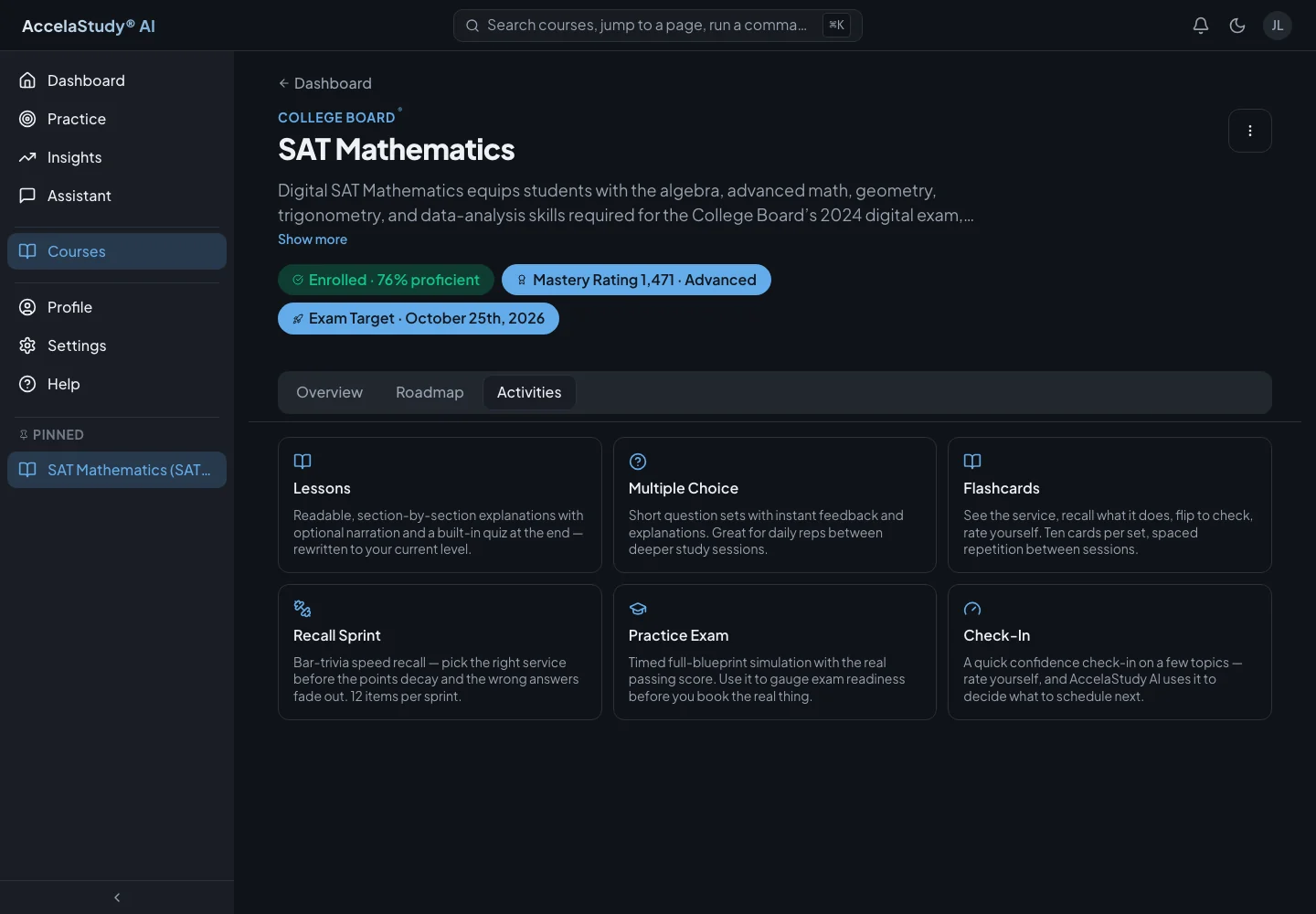 AccelaStudy AI Test Prep: Practice activities · Dark theme