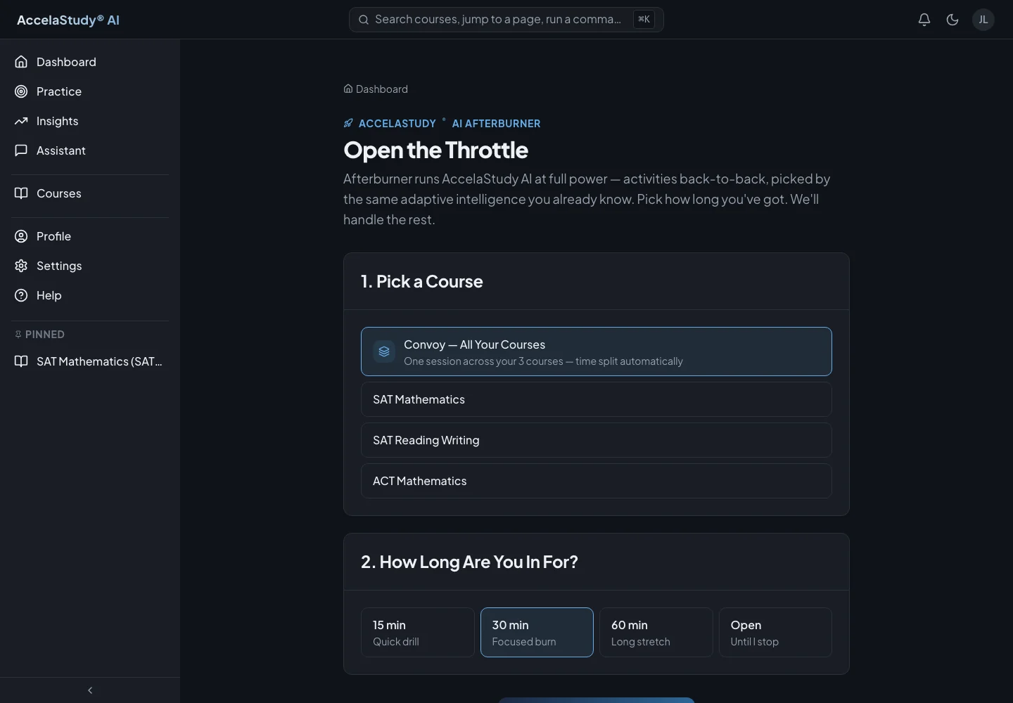 AccelaStudy AI Test Prep: Afterburner study session · Dark theme