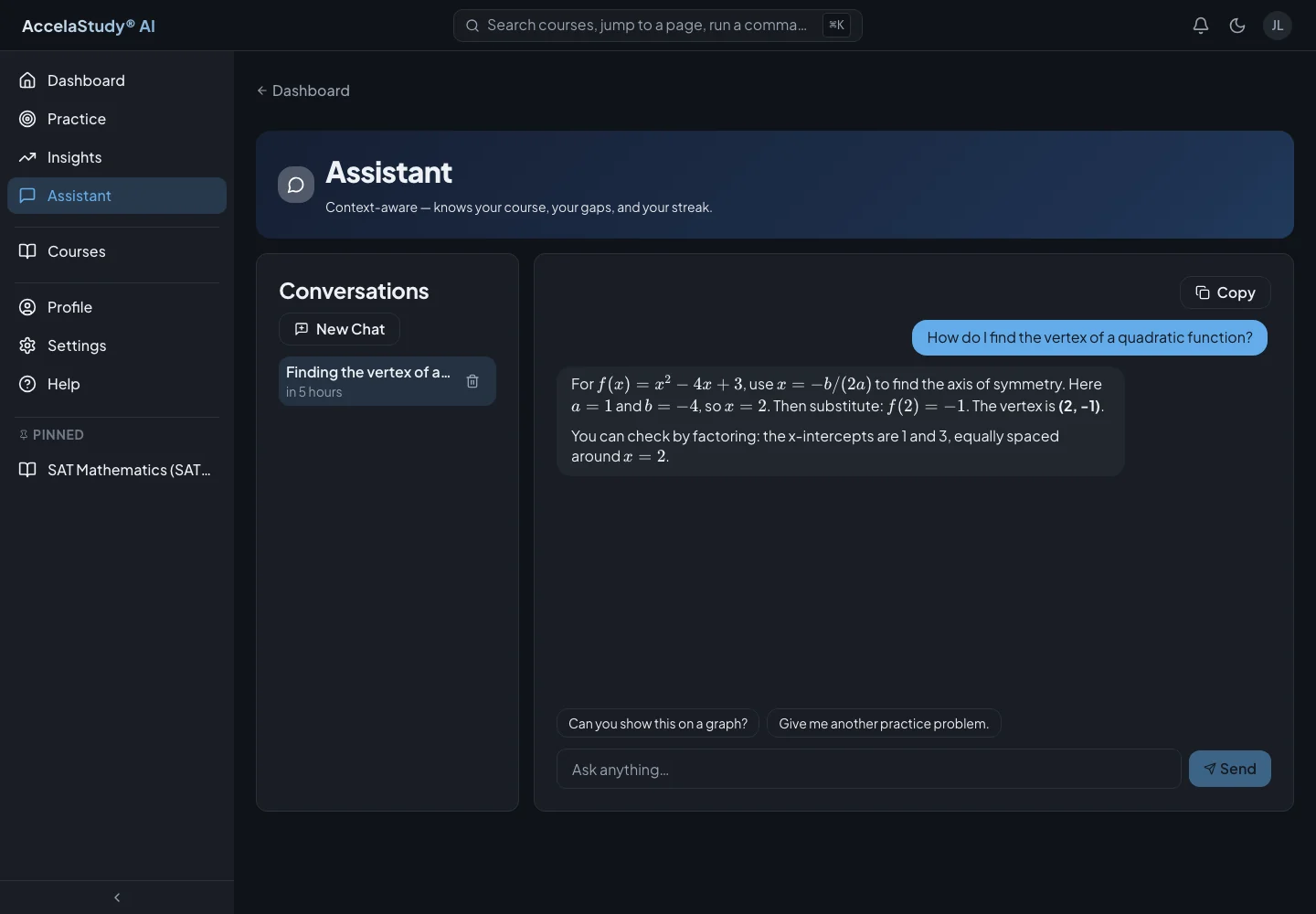 AccelaStudy AI Test Prep: Contextual assistant · Dark theme