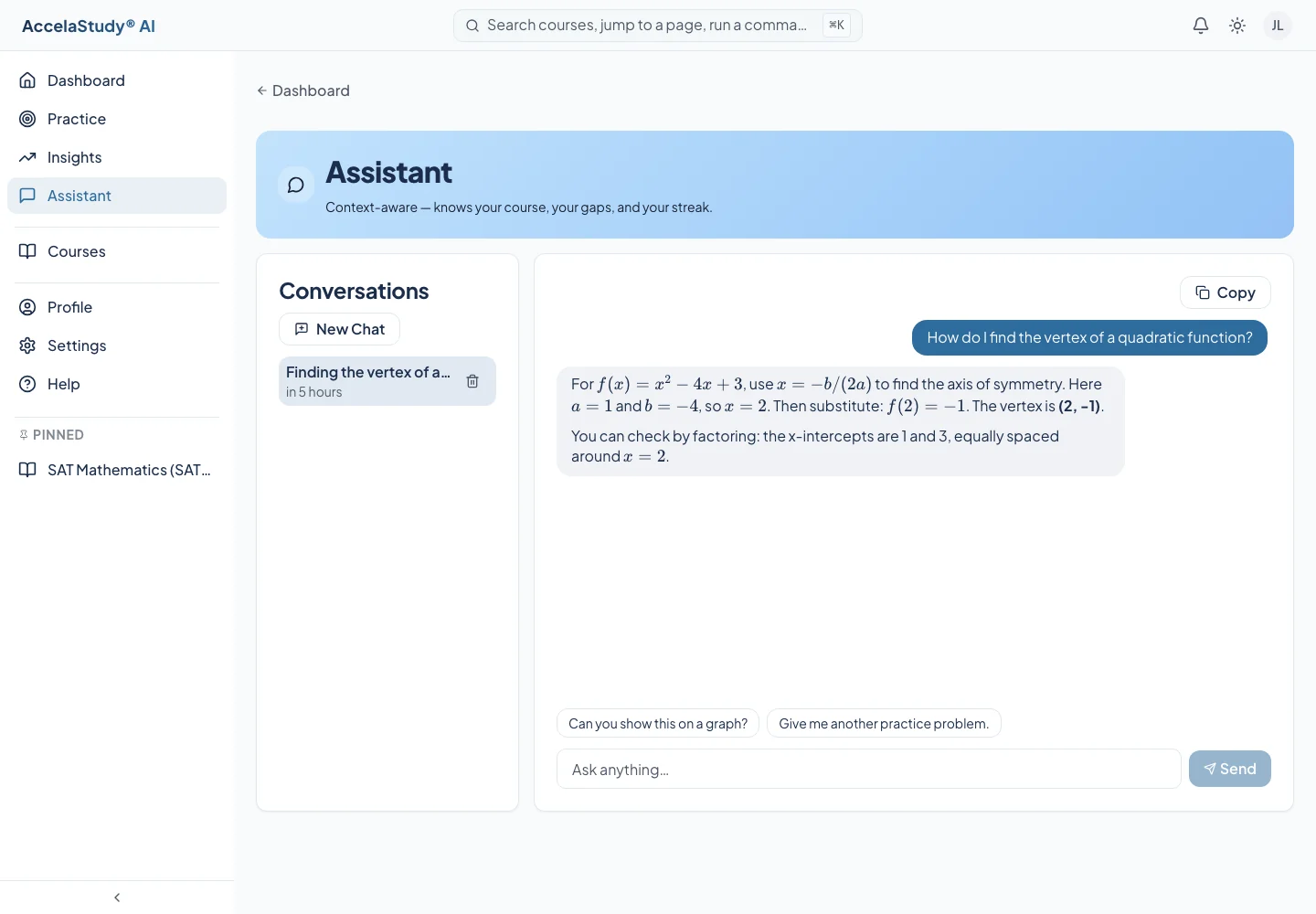 AccelaStudy AI Test Prep: Contextual assistant · Light theme
