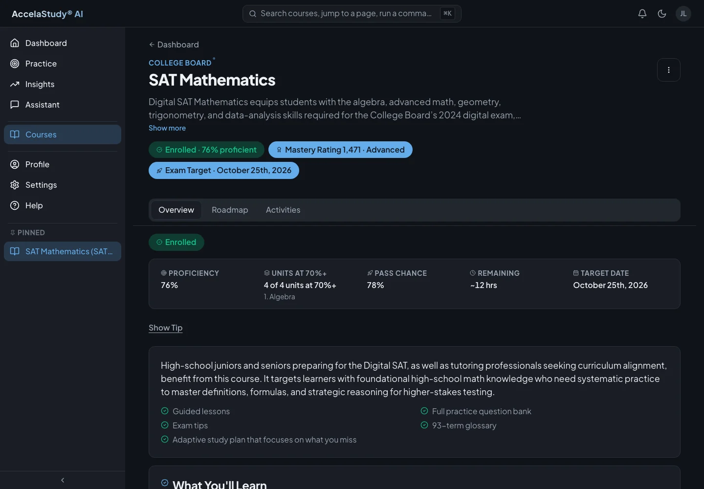 AccelaStudy AI Test Prep: Course overview · Dark theme