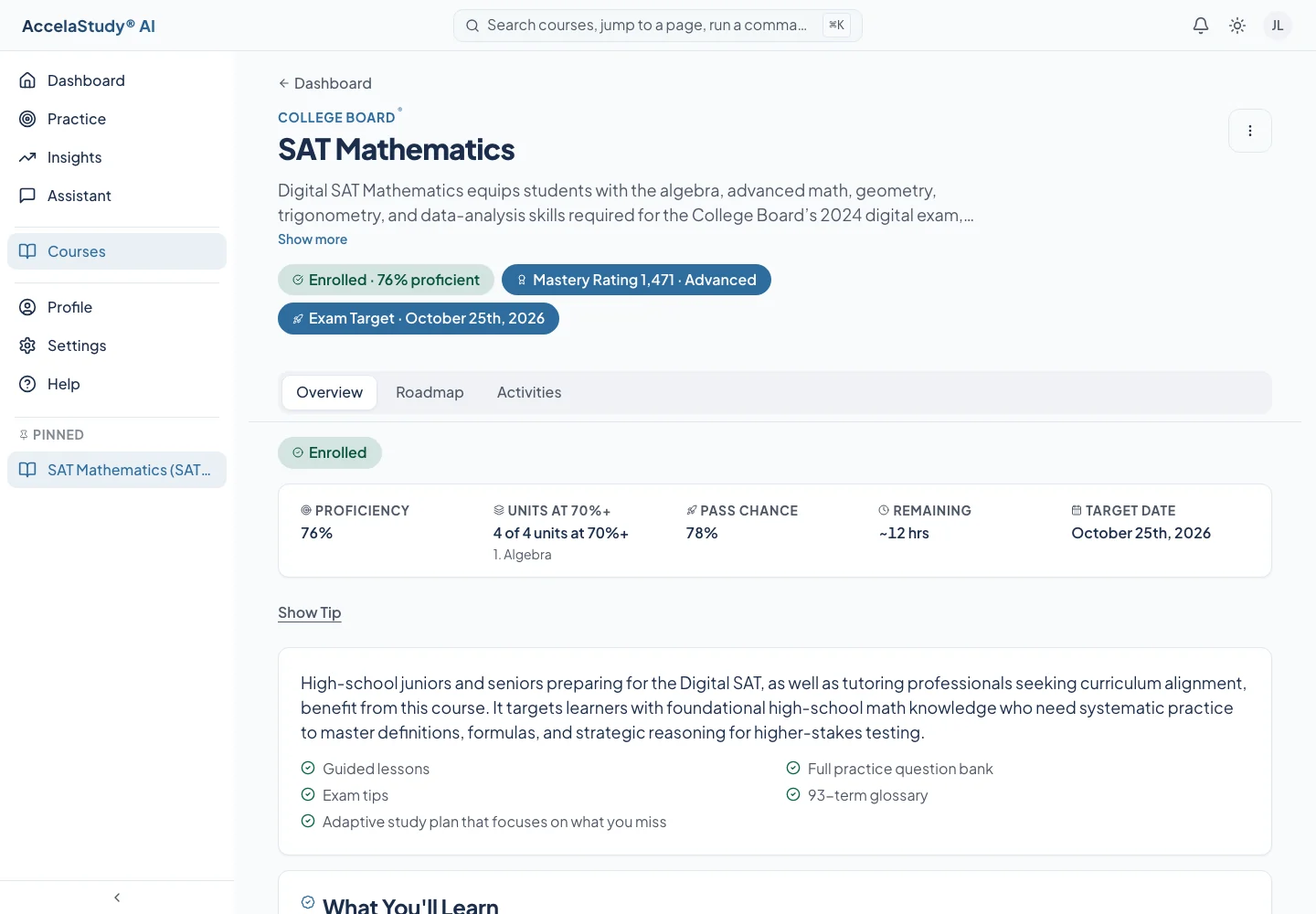AccelaStudy AI Test Prep: Course overview · Light theme