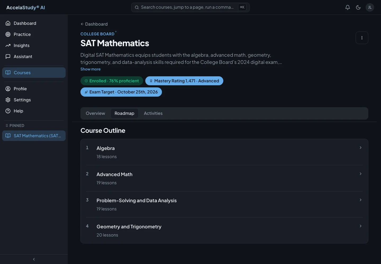 AccelaStudy AI Test Prep: Course roadmap · Dark theme