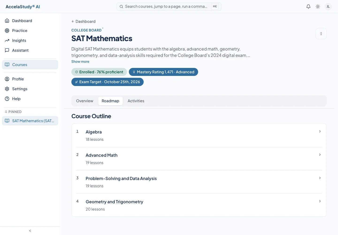 AccelaStudy AI Test Prep: Course roadmap · Light theme