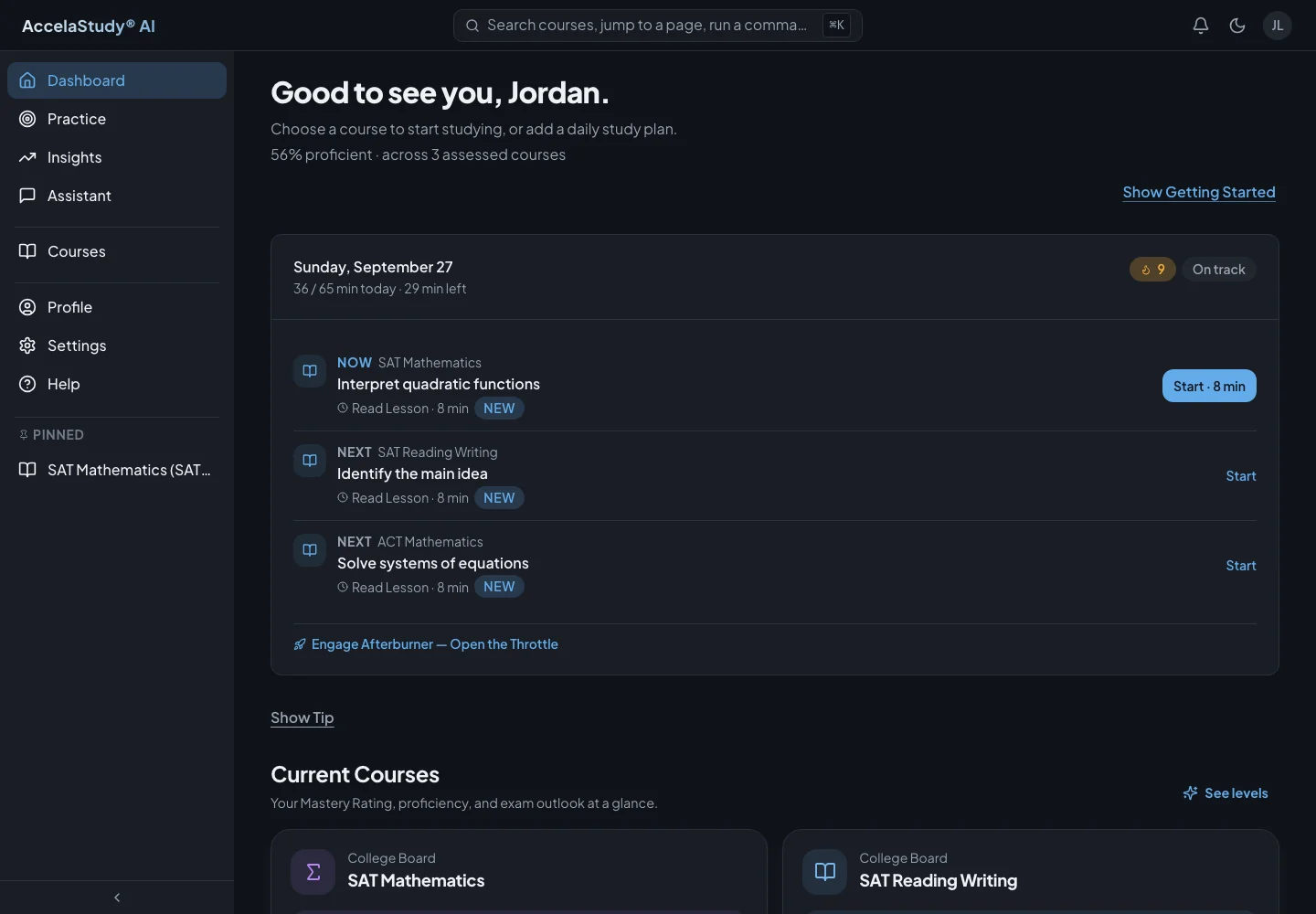 AccelaStudy AI Test Prep: Learning dashboard · Dark theme