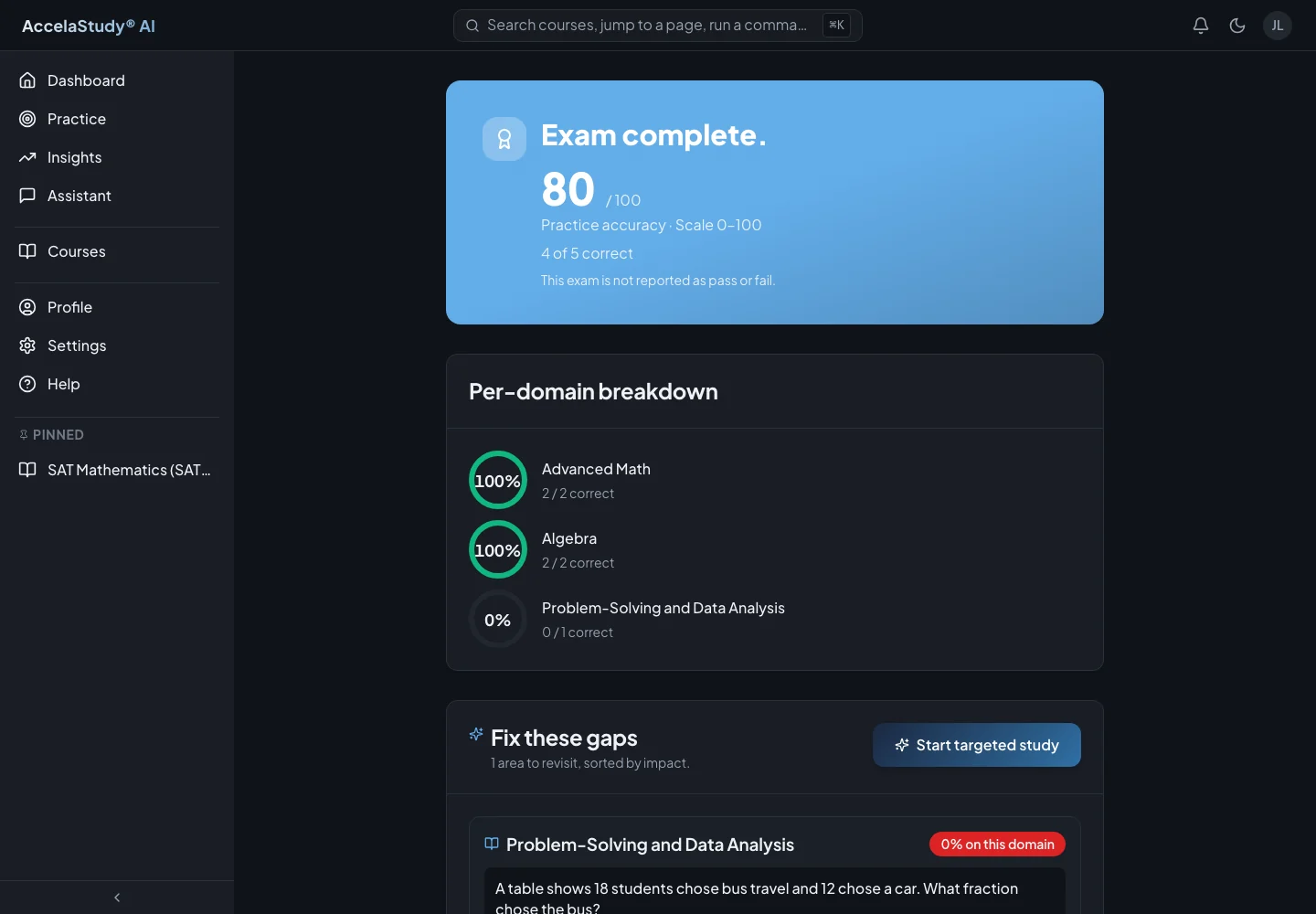 AccelaStudy AI Test Prep: Exam review · Dark theme