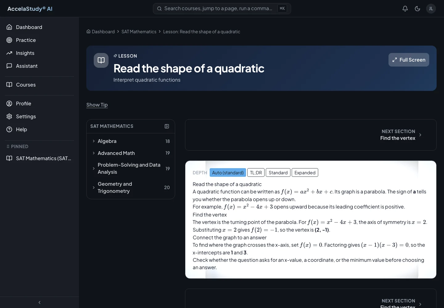 AccelaStudy AI Test Prep: Lesson Aperture · Dark theme