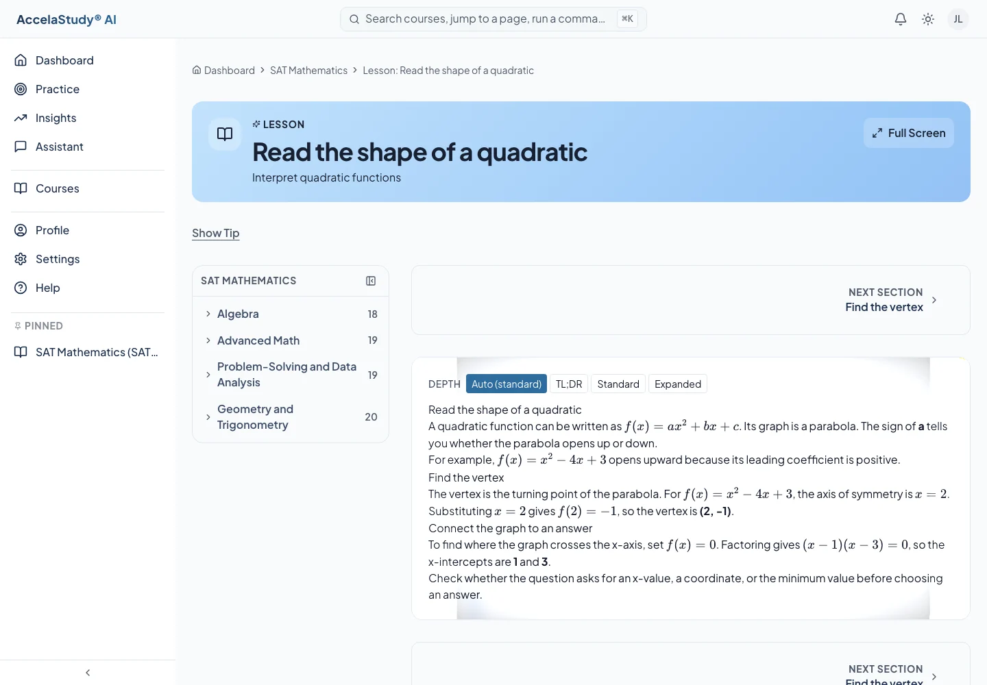 AccelaStudy AI Test Prep: Lesson Aperture · Light theme