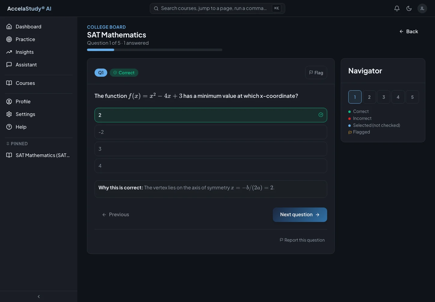 AccelaStudy AI Test Prep: Question practice · Dark theme
