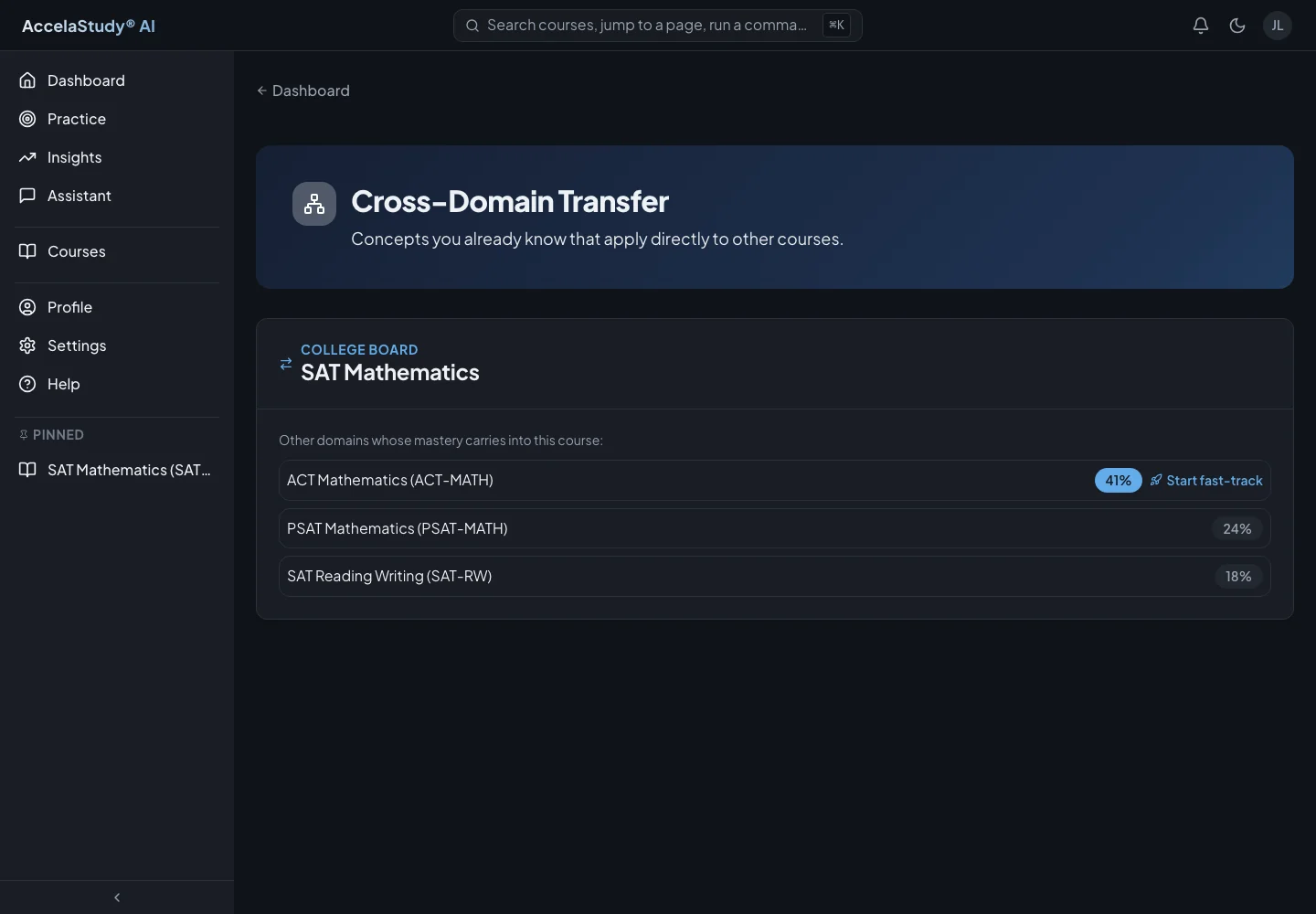 AccelaStudy AI Test Prep: Knowledge transfer · Dark theme